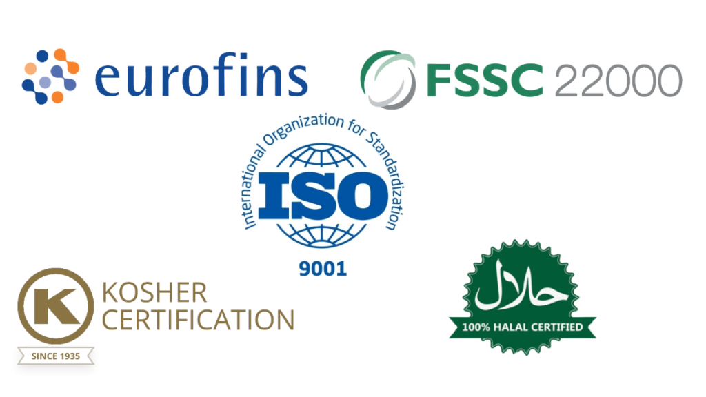 SoyOne Kosher, ISO 9001, FSSC 22000, Eurofins and Halal certification for quality soy isoflavones extraction